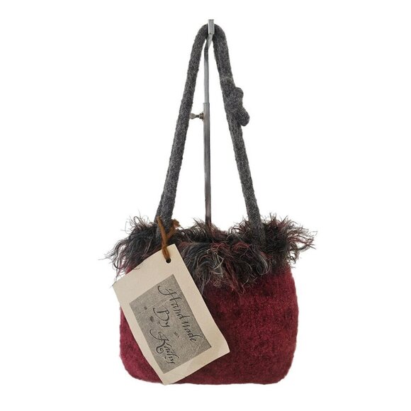 Handmade Felted Wool Shoulder Bag Small Fringed Tote Wine Gray NWT - Picture 2 of 11